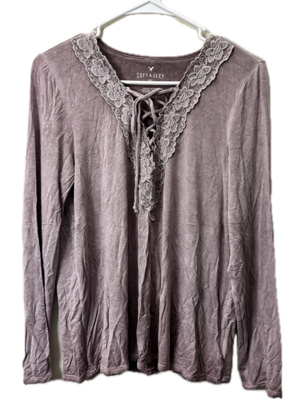 American Eagle Soft & Sexy Lace-Up Boho Top Mauve Purple Long Sleeve Size Larg